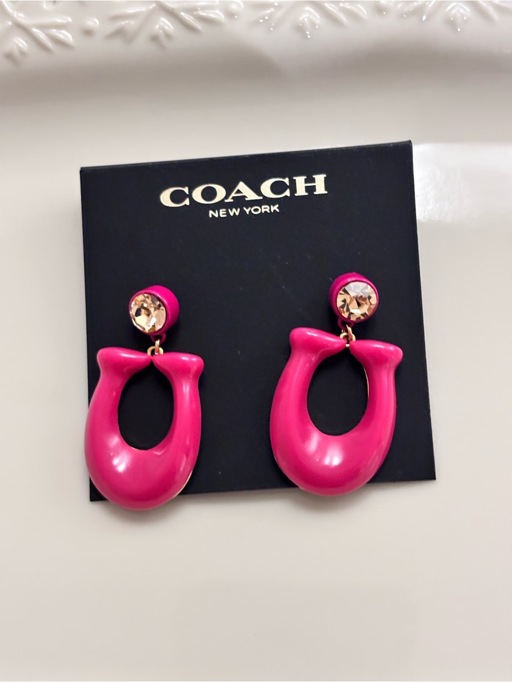 Coach Bright Pink Resin Hoop Earrings with Crystal Posts
